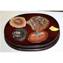 FOUR MINI PEWTER FIGURINES ON STONE W/ WOOD BASE