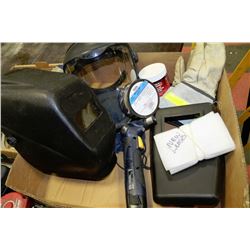 BOX W/WELDING SUPPLIES INCL. HELMET,