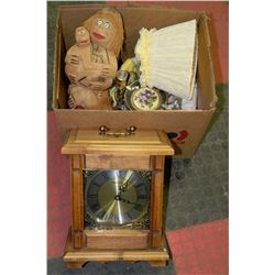 BOX OF WOODEN MANTLE CLOCK ,LAMPS AND COLLECTIBLES