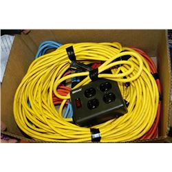 BOX OF EXTENSION CORDS AND FOUR PLUG POWERBOX WITH
