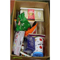 BOX OF ASSORTED FOODS,SNACKS,CANDIES,GIFTWARE