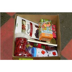 BOX OF ASSORTED FOODS,SNACKS,CANDIES,GIFTWARE
