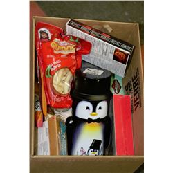 BOX OF ASSORTED FOODS,SNACKS,CANDIES,GIFTWARE