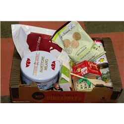 BOX OF ASSORTED FOODS,SNACKS,CANDIES,GIFTWARE
