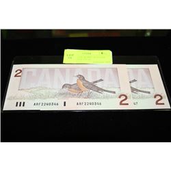 GEM UNC 1986 "ROBIN" $2 NOTES CONSECUTIVE S/N X2