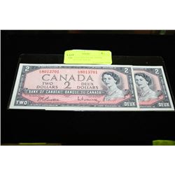 UNCIRCULATED 1954 $2 NOTES CONSECUTIVE S/N X2