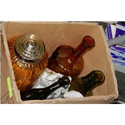 BOX W/VINTAGE CANISTERS & BOTTLES