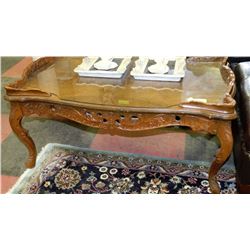 ESTATE WOOD CARVED COFFE TABLE WITH GLASS TOP