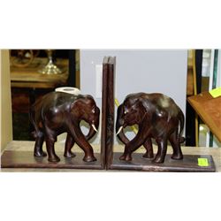 PAIR OF WOOD CARVED ELEPHANT BOOK ENDS