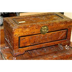 SMALL WOOD CARVED STORAGE TRUNK