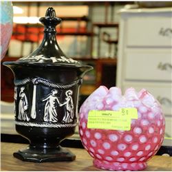 VINTAGE FLUTED HOBNAIL GLASS DISH & VINTAGE URN