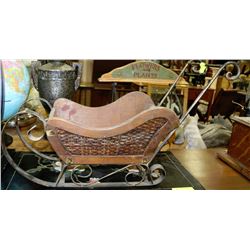 WOOD WICKER AND METAL ORNAMENTAL SLEIGH