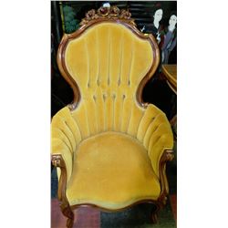 WOOD CARVED YELLOW FABRIC ARMCHAIR ON CHOICE