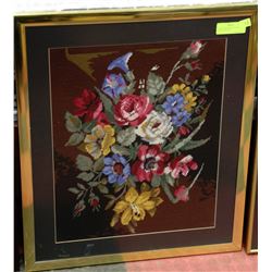 LARGE NEEDLEPOINT PICTURE OF FLOWERS FRAMED