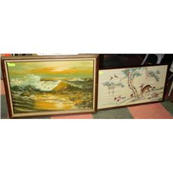 2 LARGE PICTURES FRAMED, 1 SILK, 1 CANVAS