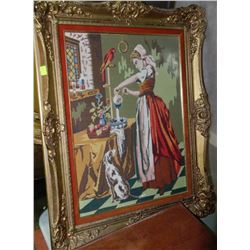 ESTATE GOLD TONE FRAMED NEEDLEPOINT LADY PICTURE