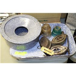 BOX OF ASSORTED ENAMELWARE, TOOLS, & ANTIQUES