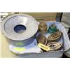 Image 1 : BOX OF ASSORTED ENAMELWARE, TOOLS, & ANTIQUES