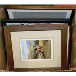 BOX OF PICTURES INCLUDING SIGNED WATERCOLOUR