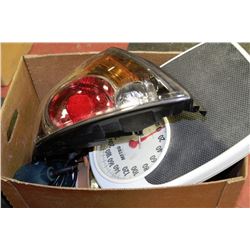 BOX OF MISC WITH 2007 NISSSAN TAILLIGHT, LIGHT