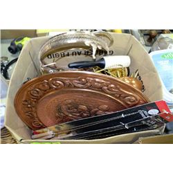 BOX OF DECORATIVE COPPER PLATES ,STEINS, SILVER