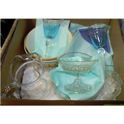BOX W/PITCHER, GLASS CANDY DISHES,