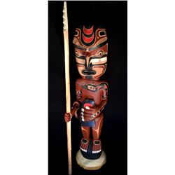 TOM PATTERSON  THE WHALER CHIEF  NUU-CHA-NULTH HERITAGE TOTEM POLE. 8' H WITH 10' HARPOON,. THE