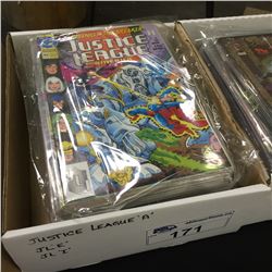 BOX OF APPROX. 40-50 COMICS INC. JUSTICE LEAGUE 'A', 'E' AND 'I'