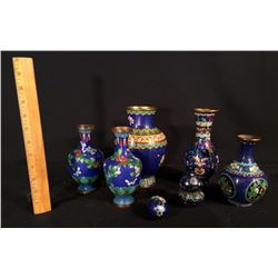 7 HAND DECORATED CHINESE CLOISONNE VASES, CONTAINERS AND PAINTED EGG, DARK BLUE THEME