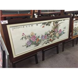 FRAMED CHINESE PHEASANT PAINTING ON PORCELAIN, 77'' X 32''