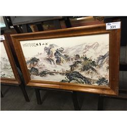 FRAMED CHINESE MOUNTAIN SCENE PAINTING ON PORCELAIN, 45'' W X 28'' H