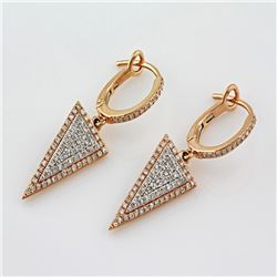 0.52 ct F, SI2-I1 Pavé Diamonds Triangle Geometric Dangle Drop Earrings 14Kt Rose Gold 3.35 gms