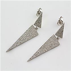 0.84 ct F, SI2-I1 Pavé Diamonds Triangle Geometric Dangle Drop Earrings 14Kt White Gold 3.33 gms