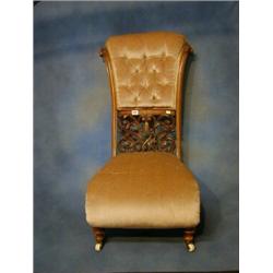 A fine quality Victorian pierced and carved walnutwood scroll back nursing chair upholstered must...