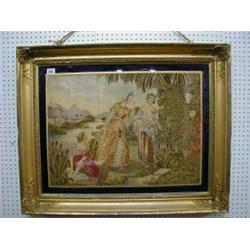 A fine quality 18th century wool and applique work panel depicting Moses in the Bull Rushes 17" x...