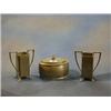 Image 1 : A Tudric oval  planished pewter caddy 5", the base marked 01566 and a pair of Civic pewter twin h...