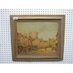 An oil painting on canvas "Market Scene with Cathedral" 11" x 13" £30-50...