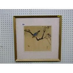 A 19th Century Oriental watercolour drawing on rice paper "Bird Sat Upon a Branch" 9" x 10" £20-3...