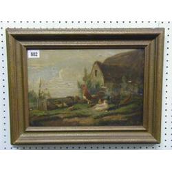 A fine quality 19th Century Continental oil painting on canvas "Chickens by a Barn" 9" x 13" (som...