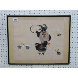 A pair of Oriental paintings on rice paper "Chickens" 12" x 14" £30-50...