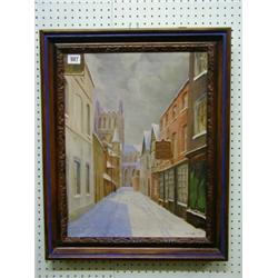 R B Voits, oil painting on canvas "Snow Scene with Hereford Cathedral" signed and dated 1955 19"...