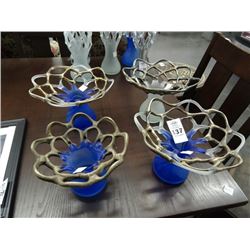 4 Art Glass With Metal Footed Bowls - 4 Times the Money - No Shipping