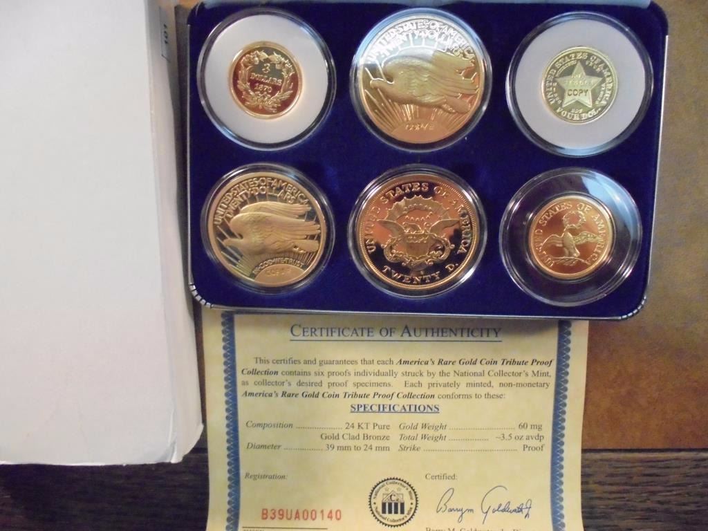 AMERICAS RARE GOLD COIN TRIBUTE SET SEE DESCRIP. CONTAINS 6 PROOF'S, 24KT GOLD CLAD BRONZE IN CASE,