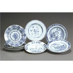 Group of Eight Chinese Export Blue and White Dishes Jiaqing-Daoguang Period (1796-1850) Con...