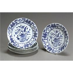 Set of Six Chinese Export Blue and White Fluted Border Shallow Dishes Jiaqing-Daoguang Period...