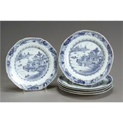 Set of Six Chinese Export Blue and White 'River Landscape' Dishes Jiaqing Period (1796-1820)<b...