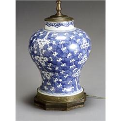 Chinese Export 'Hawthorn' Blue and White Jar Late 19th Century Mounted as a lamp and rai...