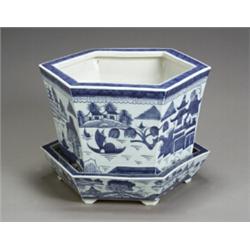 Chinese Export 'Canton' Blue and White JardiniŠre and Stand 20th Century Small chip to rim...