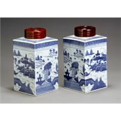 Pair of Chinese Export 'Canton' Blue and White Tea Canisters 20th Century Each surmounted b...