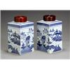 Image 1 : Pair of Chinese Export 'Canton' Blue and White Tea Canisters 20th Century Each surmounted b...